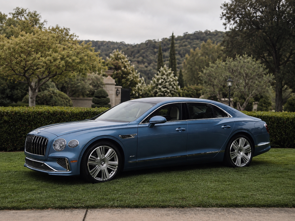 Blue Bentley Flying Spur on a lawn